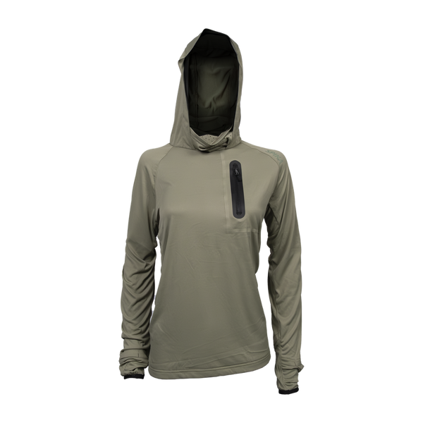 Spika Bandit women's hoodie in Moss Green with face mask hood and black zip chest pocket, front view