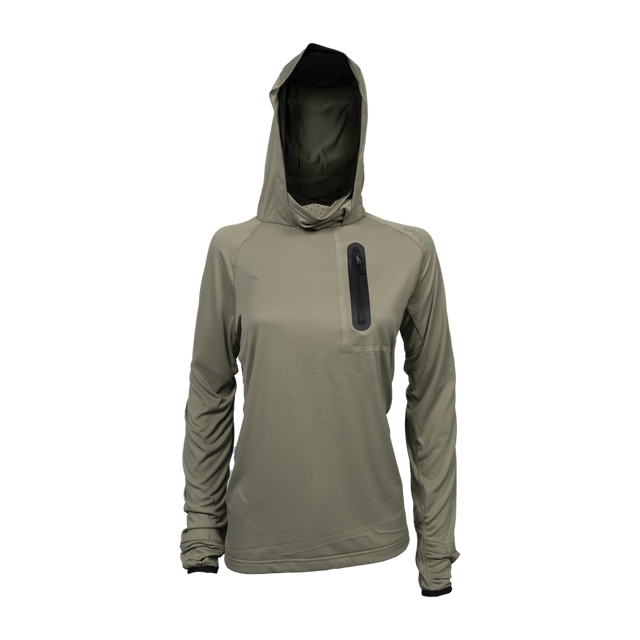 Spika Bandit women's hoodie in Moss Green with face mask hood and black zip chest pocket, front view