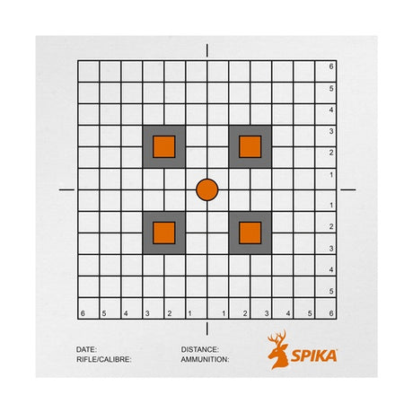 Spika square paper target with grid, four orange squares and centre dot for sighting in
