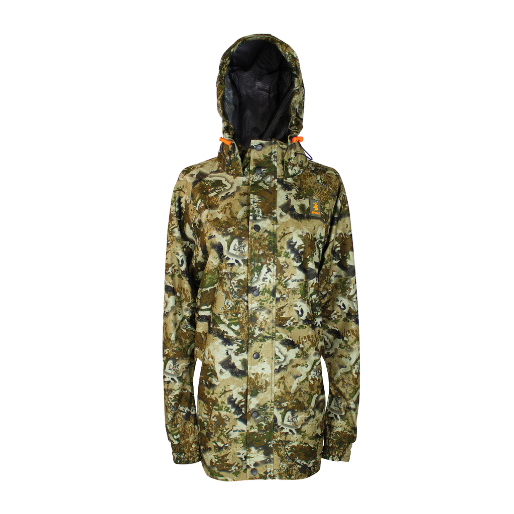 Spika Valley women's hunting jacket in Biarri Camo, front view with hood up