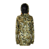 Spika Valley women's hunting jacket in Biarri Camo, front view with hood up