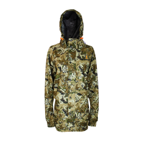 Spika Valley women's hunting jacket in Biarri Camo, front view with hood up