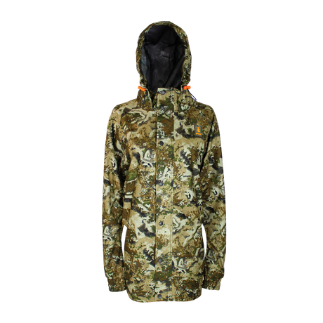 Spika Valley women's hunting jacket in Biarri Camo, front view with hood up