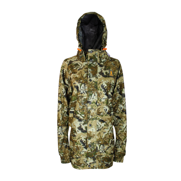 Spika Valley women's hunting jacket in Biarri Camo, front view with hood up