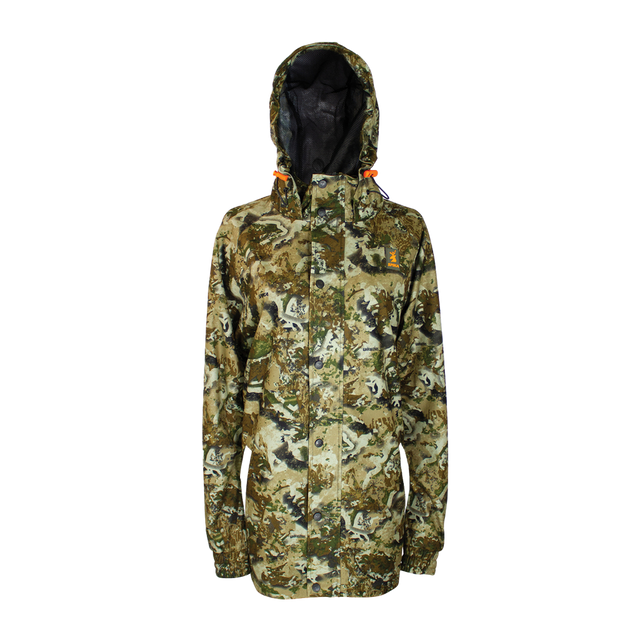 Spika Valley women's hunting jacket in Biarri Camo, front view with hood up