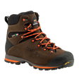Zamberlan 1103 Storm GTX men's hiking boot in dark brown and orange, three-quarter front view with orange laces