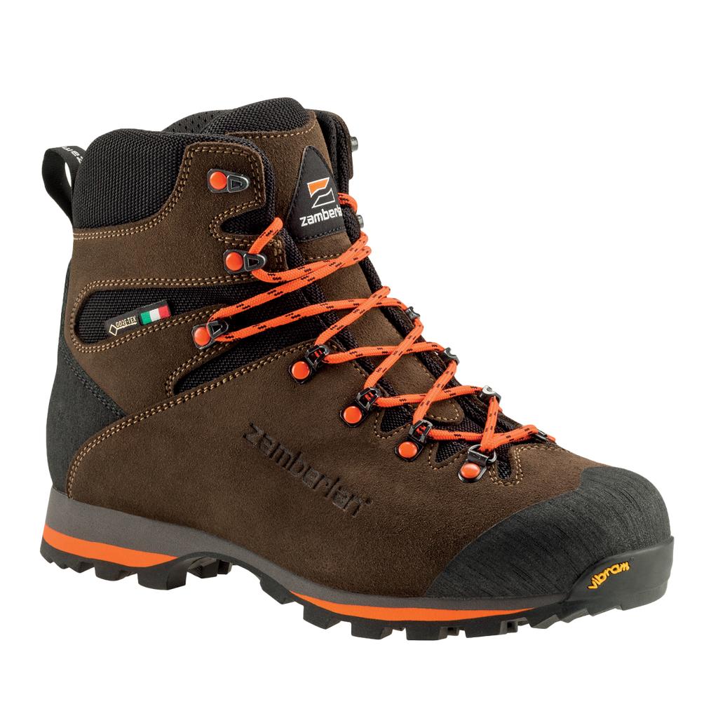 Zamberlan 1103 Storm GTX men's hiking boot in dark brown and orange, three-quarter front view with orange laces