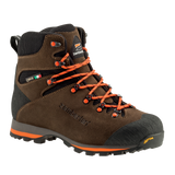 Zamberlan 1103 Storm GTX men's hiking boot in dark brown and orange, three-quarter front view with orange laces