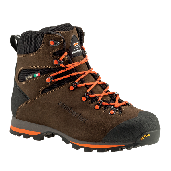 Zamberlan 1103 Storm GTX men's hiking boot in dark brown and orange, three-quarter front view with orange laces