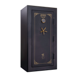 Spika SFB1 large fire resistant 22-gun safe with keypad and brass handle, three-quarter view