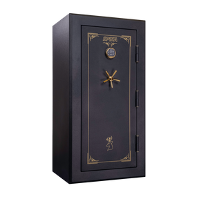 Spika SFB1 large fire resistant 22-gun safe with keypad and brass handle, three-quarter view