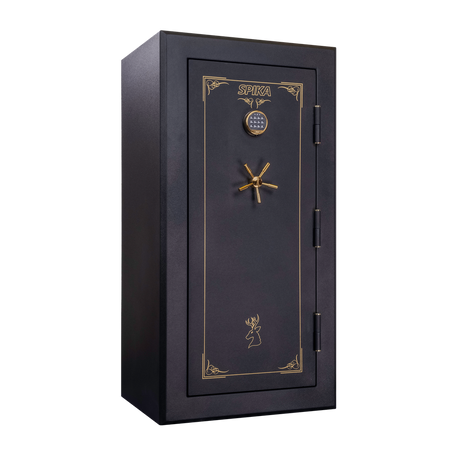 Spika SFB1 large fire resistant 22-gun safe with keypad and brass handle, three-quarter view