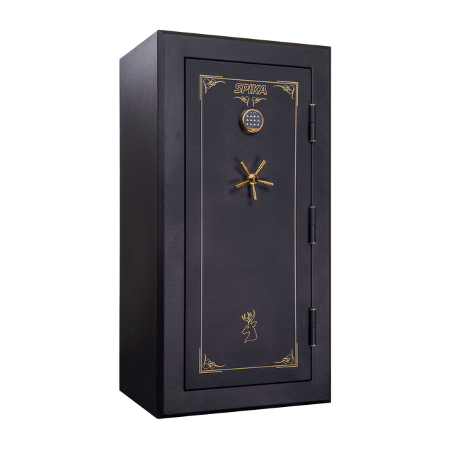 Spika SFB1 large fire resistant 22-gun safe with keypad and brass handle, three-quarter view