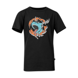 Spika GO Rogue kids' T-shirt in black, front view with bellowing stag cartoon SPIKA graphic