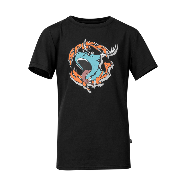 Spika GO Rogue kids' T-shirt in black, front view with bellowing stag cartoon SPIKA graphic