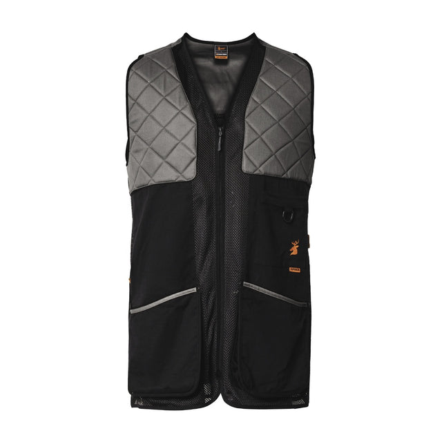 Spika adult shooting vest in Charcoal, front view with quilted shoulder pads and mesh body