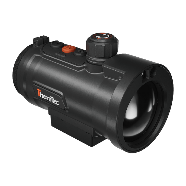 ThermTec Hunt Pro 650L thermal clip-on, front three-quarter view of large objective lens and ThermTec logo