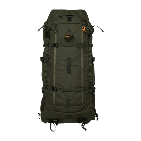 Spika Drover II Hauler 80L pack only in Olive Summit, front view of the bag with compression straps and Spika logo