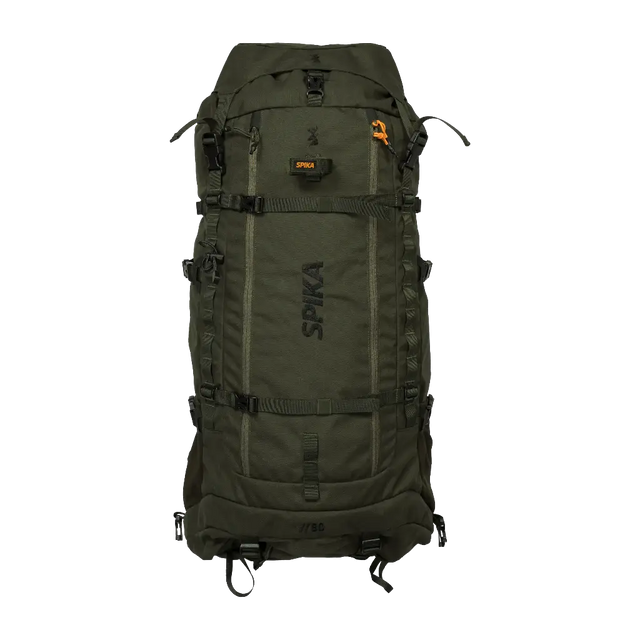 Spika Drover II Hauler 80L pack only in Olive Summit, front view of the bag with compression straps and Spika logo
