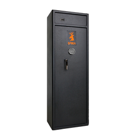 Spika S3ED large electronic 12-gun safe with keypad and orange logo, front three-quarter view
