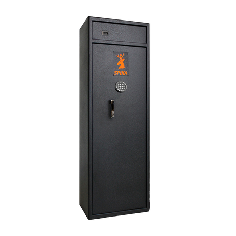 Spika S3ED large electronic 12-gun safe with keypad and orange logo, front three-quarter view