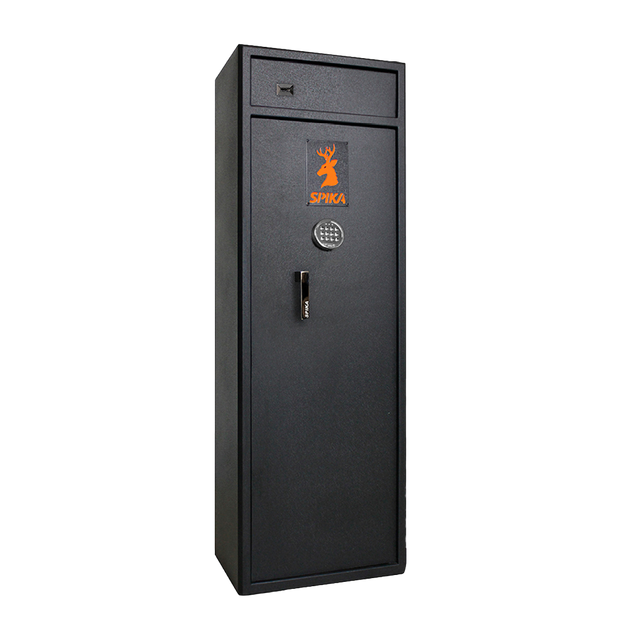 Spika S3ED large electronic 12-gun safe with keypad and orange logo, front three-quarter view