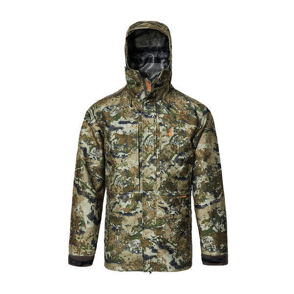 Spika Stalker men's waterproof hunting jacket in Biarri Camo, front view with hood up