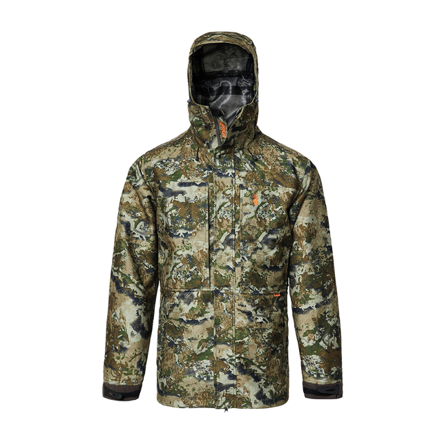 Spika Stalker men's waterproof hunting jacket in Biarri Camo, front view with hood up