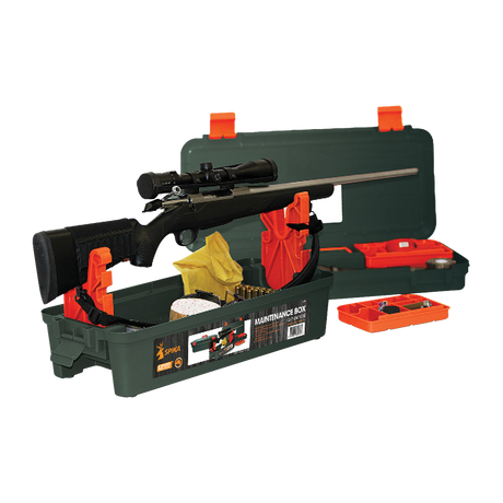 Spika maintenance box in green holding a scoped rifle with tools and orange rests