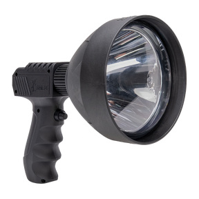 Spika Trigger Light 1200 lumen handheld spotlight in black, three-quarter view of lens and pistol grip