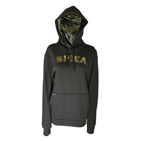 Spika GO Advance women's hoodie in black, front view with camo SPIKA logo and camo-lined hood