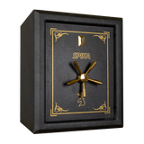 Spika SPP1 premium pistol safe, Category H, with brass spoke handle, three-quarter view