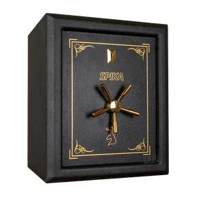 Spika SPP1 premium pistol safe, Category H, with brass spoke handle, three-quarter view
