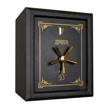 Spika SPP1 premium pistol safe, Category H, with brass spoke handle, three-quarter view