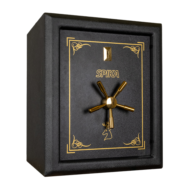 Spika SPP1 premium pistol safe, Category H, with brass spoke handle, three-quarter view