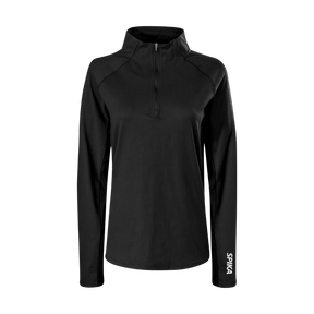 Spika GO AVP women's half-zip top in black, front view with stand collar and SPIKA cuff logo