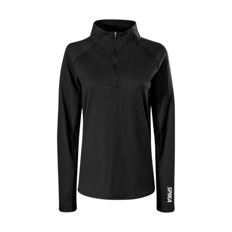 Spika GO AVP women's half-zip top in black, front view with stand collar and SPIKA cuff logo