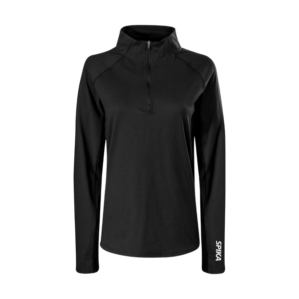 Spika GO AVP women's half-zip top in black, front view with stand collar and SPIKA cuff logo