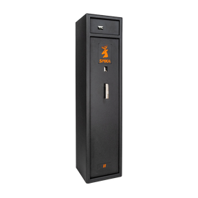 Spika S2CH medium 8-gun safe, Category A/B/C/H/D, black with orange logo, three-quarter view