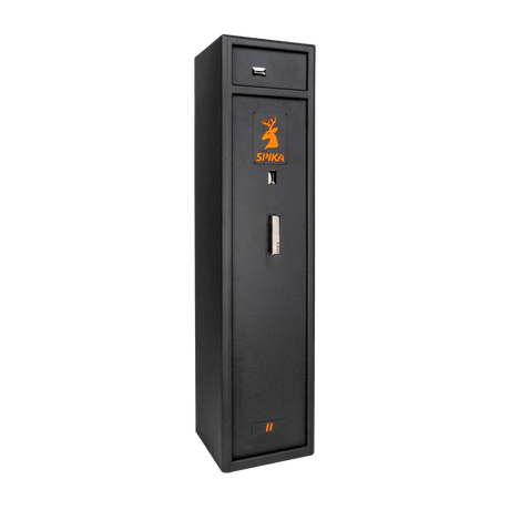 Spika S2CH medium 8-gun safe, Category A/B/C/H/D, black with orange logo, three-quarter view