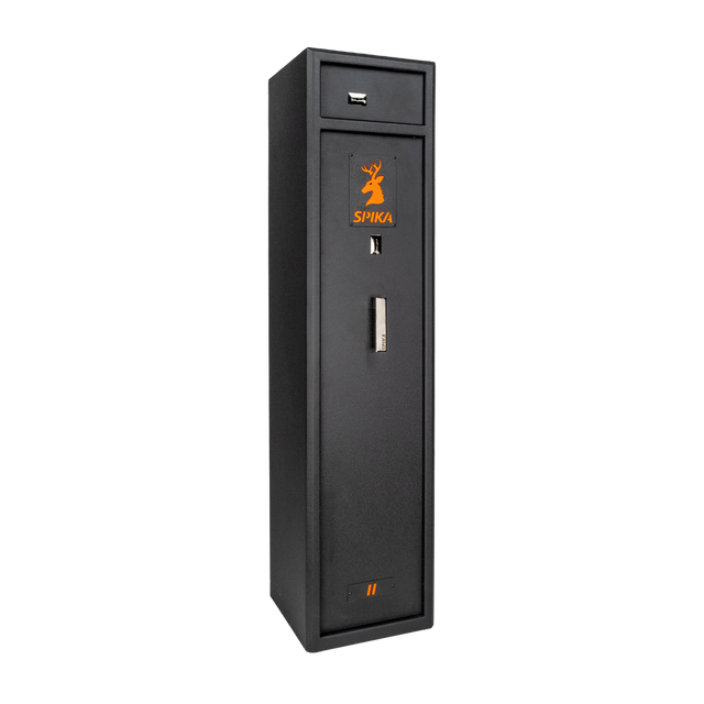 Spika S2CH medium 8-gun safe, Category A/B/C/H/D, black with orange logo, three-quarter view