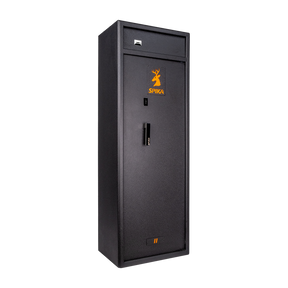 Spika S3CH large 12-gun safe, Category A/B/C/H/D, black with orange logo, three-quarter view
