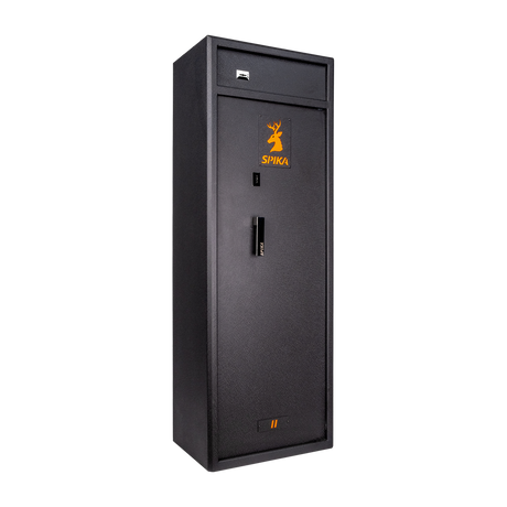 Spika S3CH large 12-gun safe, Category A/B/C/H/D, black with orange logo, three-quarter view