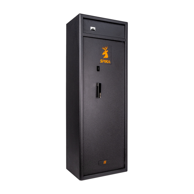 Spika S3CH large 12-gun safe, Category A/B/C/H/D, black with orange logo, three-quarter view