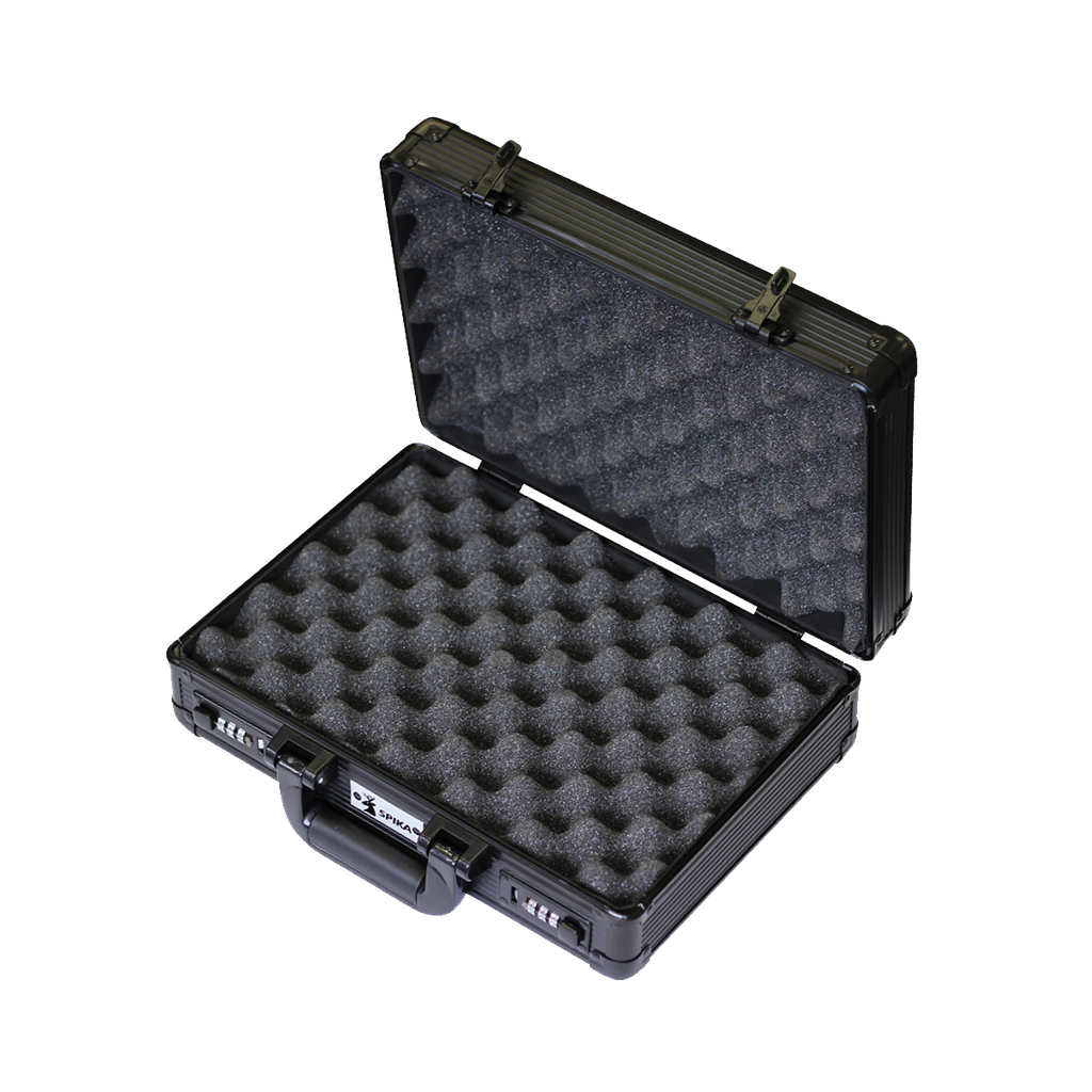 Spika pistol case in aluminium, open showing egg-crate foam lining and combination locks