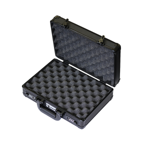 Spika pistol case in aluminium, open showing egg-crate foam lining and combination locks