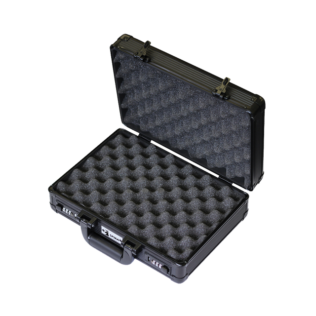 Spika pistol case in aluminium, open showing egg-crate foam lining and combination locks