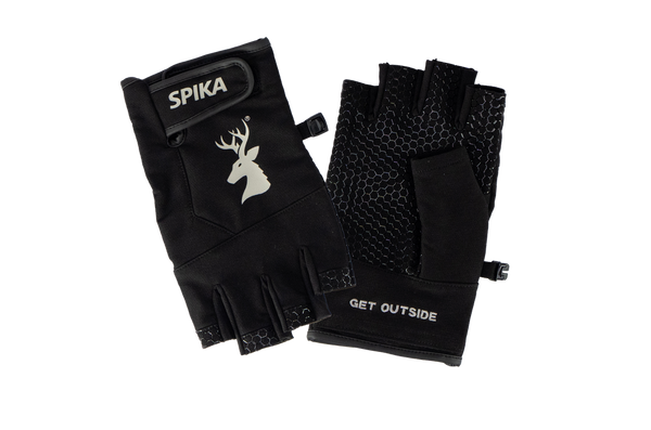 Spika Precision men's fingerless gloves in Black, pair with white deer logo and grip palm