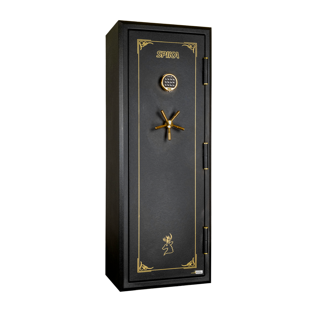 Spika SFABH medium fire resistant 12-gun safe with keypad and brass handle, three-quarter view