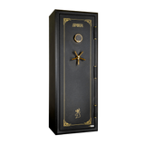 Spika SFABH medium fire resistant 12-gun safe with keypad and brass handle, three-quarter view